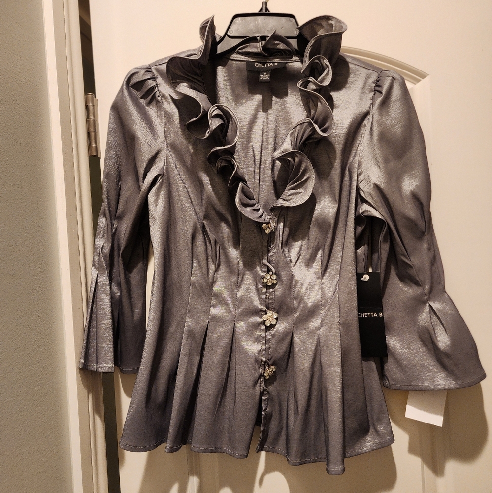 Chetta B Silver Ruffled Satin Blouse